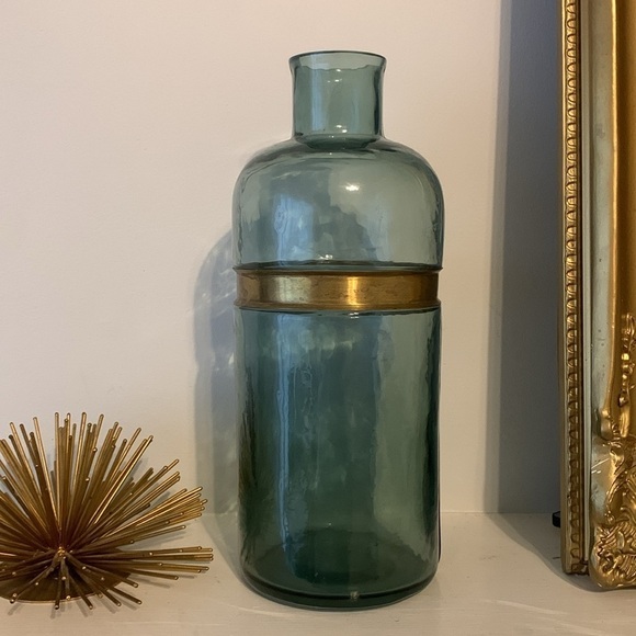Blue gold metal trim glass vase boho traditional home decor art decor shelf‎ - Picture 1 of 11